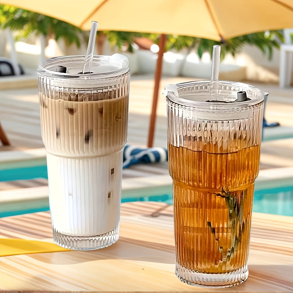 Ribbed Glass Coffee Cup With Lid & Straw