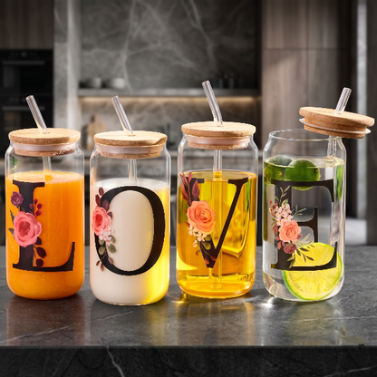 4PCs Love Floral Glass Mug With Wooden Lid