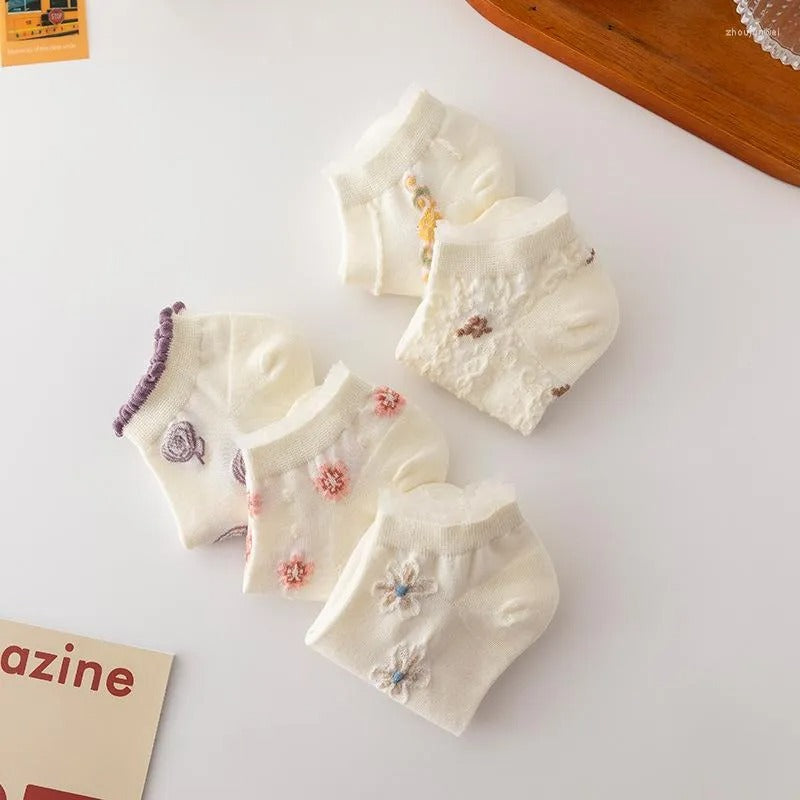5Pairs/ Set Women Flower Embroidery Socks
