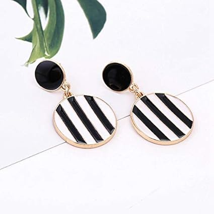 Elegant Black & White Stripes Circle Earrings