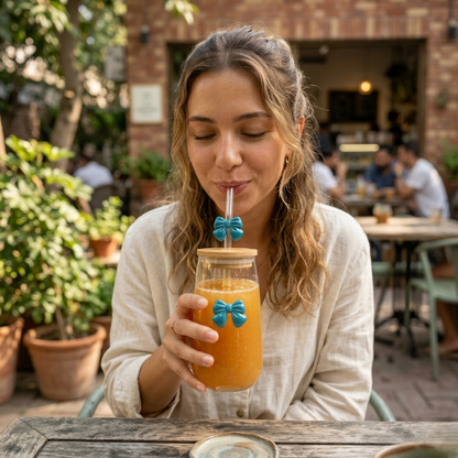 Glass Bow Straw Smoothie Bamboo Lid Cup
