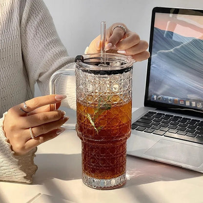 Stylish Glass Tumbler Cup with Handle & Straw