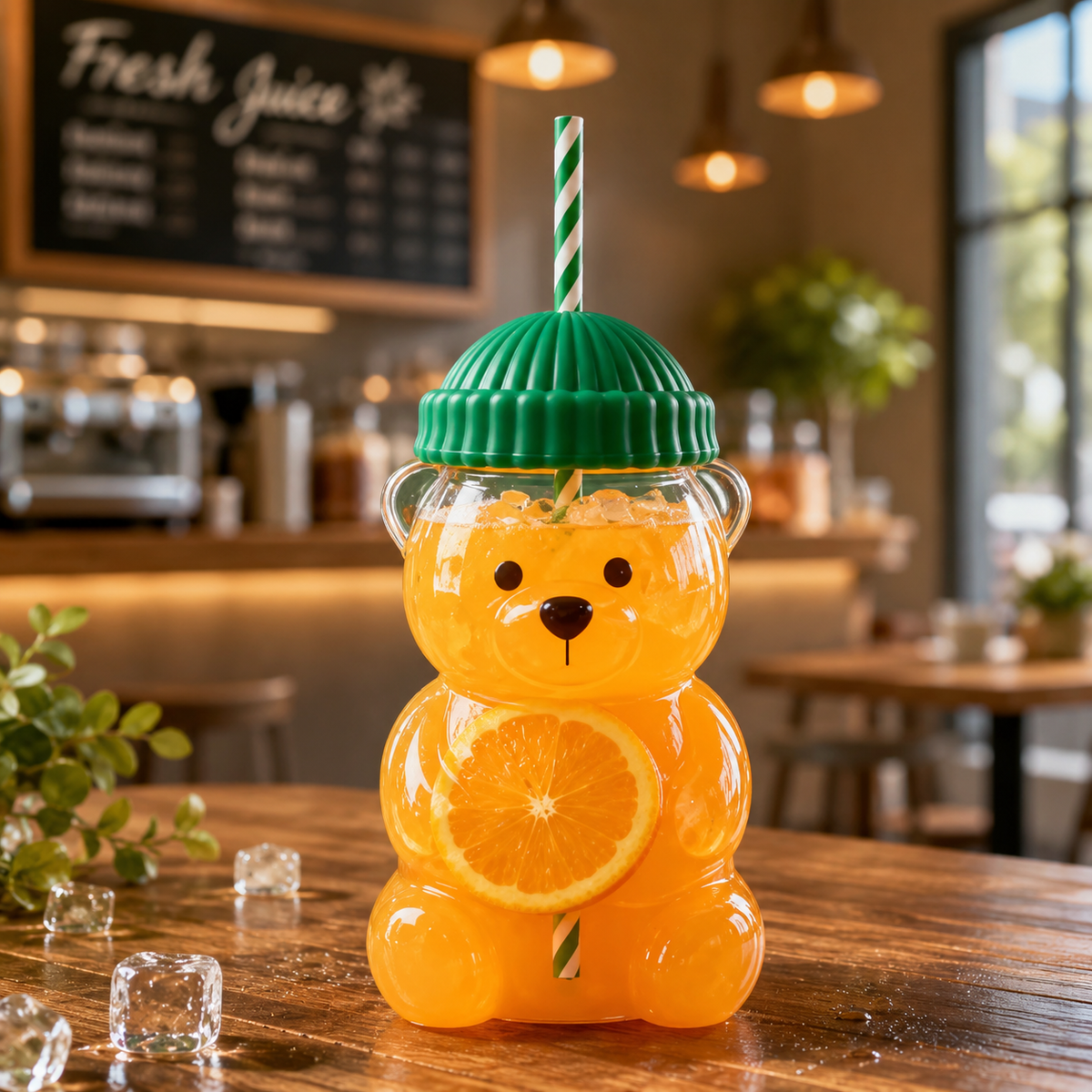 Cute Bear Glass Cup With Straw & Lid
