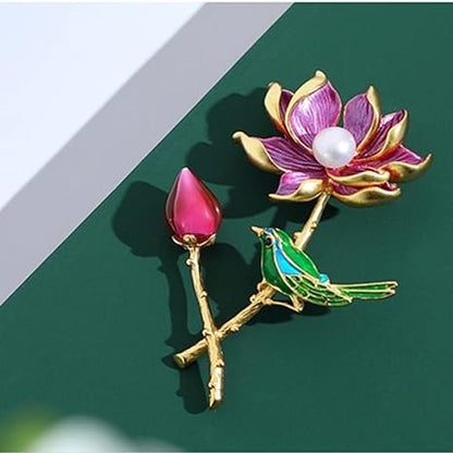 Exquisite Pearl Lotus & Magpie Pin Brooch