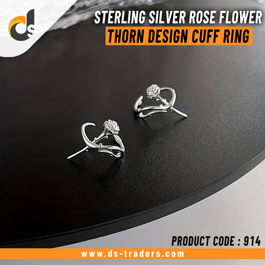 Sterling Silver Rose Flower Thorn Design Cuff Ring