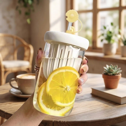 Cute Flower Glass Cup with Straw
