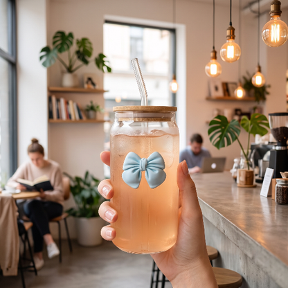 Cute Bow Glass Mug With Wooden Lid