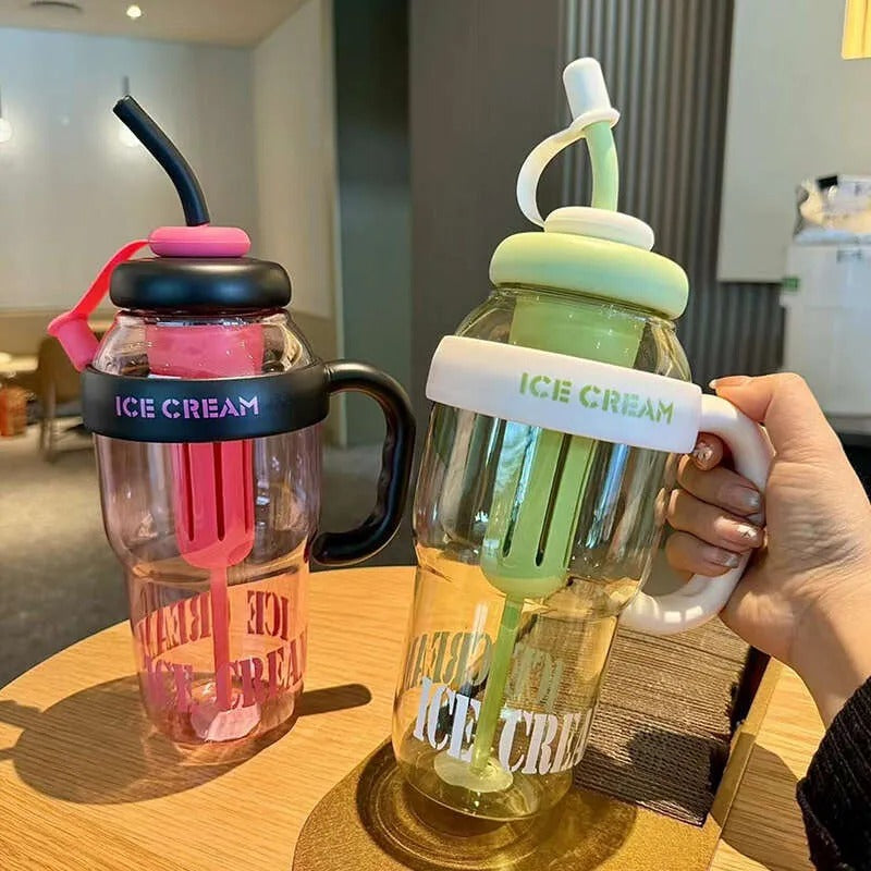 Plastic Water Bottle with Handle & Straw