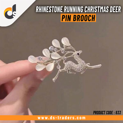 Elegant Rhinestone Running Christmas Deer Pin Brooch