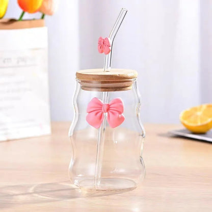 Elegant Bow Glass Cup with Lid and Straw