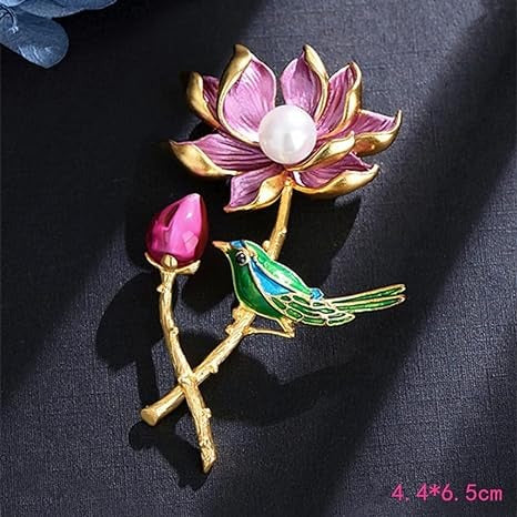 Exquisite Pearl Lotus & Magpie Pin Brooch