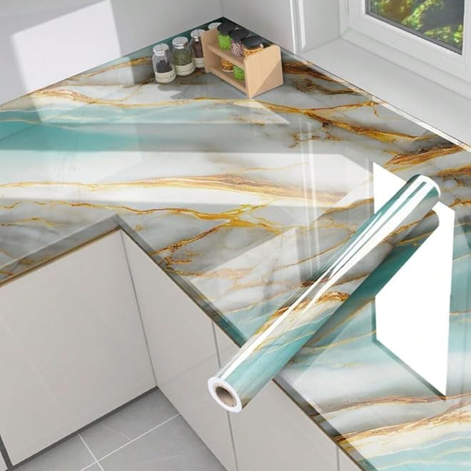 Waterproof Green & Golden Marble Sheet (60cm x 2m)