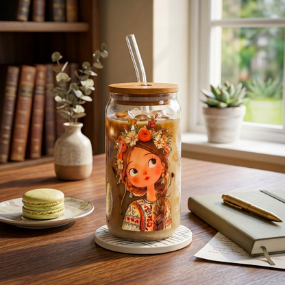 Elegant Floral Girl Glass Mug With Wooden Lid
