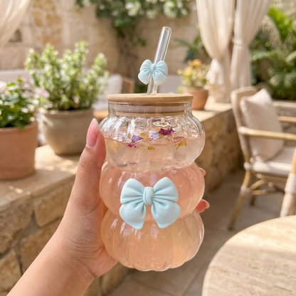 Elegant Wave Bow Glass Mug With Straw