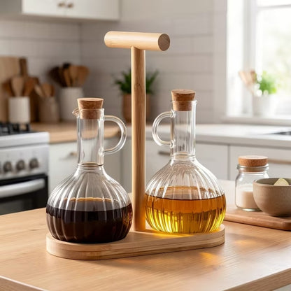 Elegant Glass Oil Dispenser with Wooden Stand