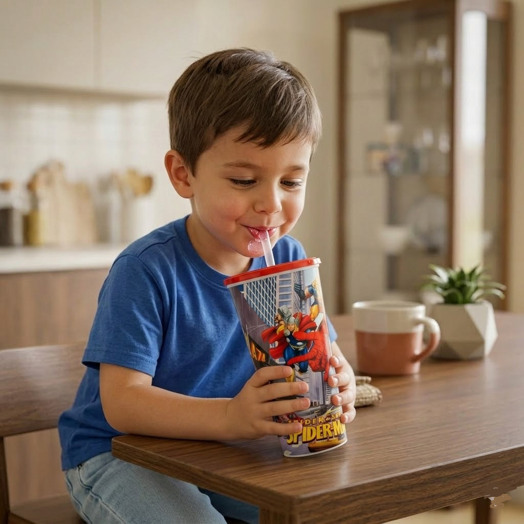 Cartoon Printed Reusable Cup with Lid & Straw