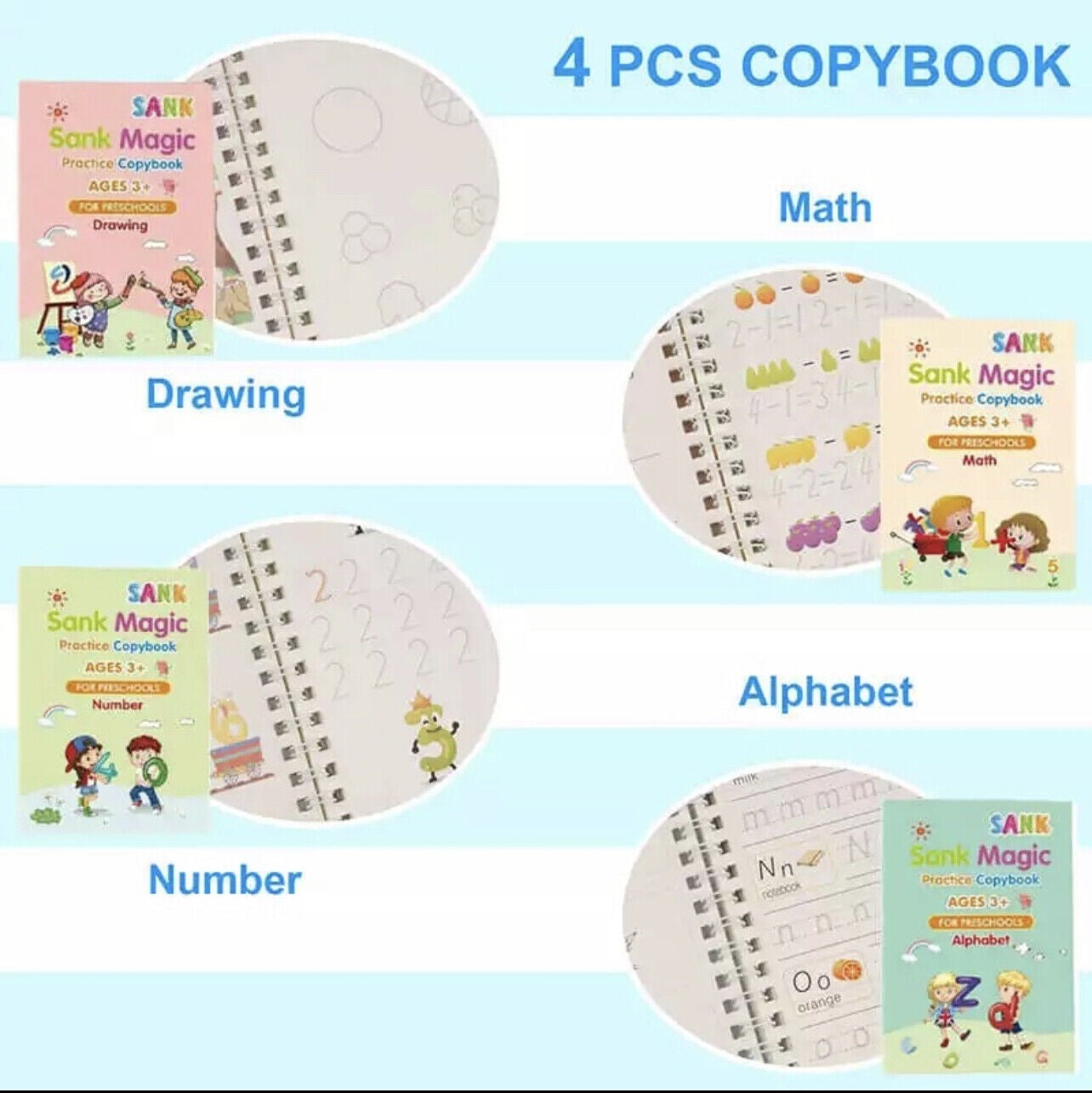 Sank Magic Practice Copybook Pen Preschools Kids 4-Pcs