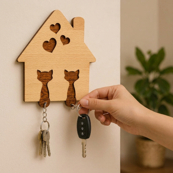 Wooden Cat House Key Holder