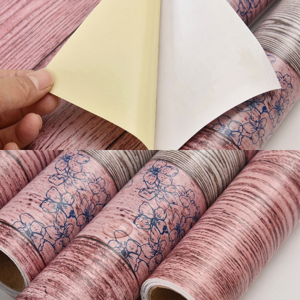 Self Adhesive Pink Floral Wood Marble Sheet