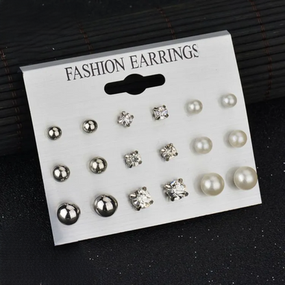 9 Pairs Rhinestone Pearl Stud Earrings