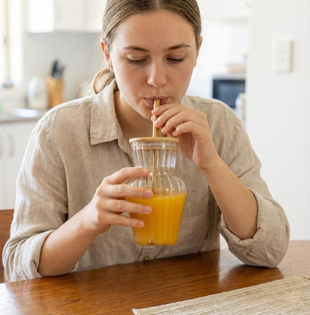 Ribbed Glass Cup with Bamboo Lid & Straw