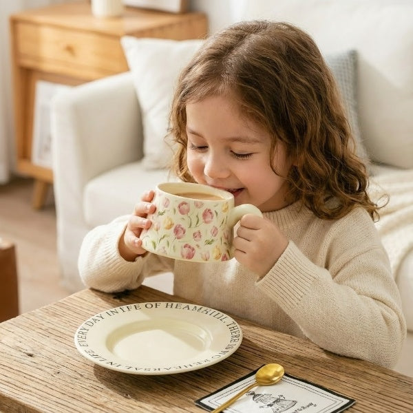 Flower Ceremic Coffee Mug with Sausar & Spoon