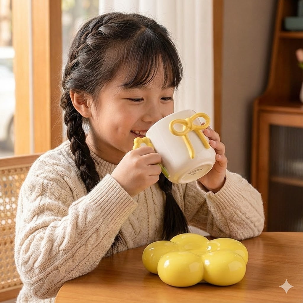 Creative Ceramic Bow Cup with Flower Sausar