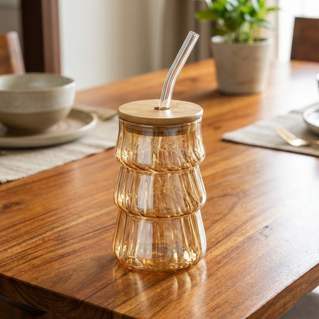 Curved Glass Cups With Wooden Lid and Straw