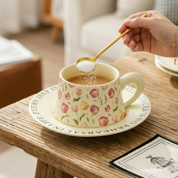 Flower Ceremic Coffee Mug with Sausar & Spoon