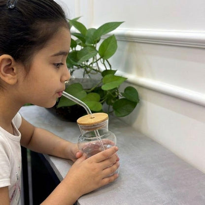 Glass Cups With Wooden Lid and Straw