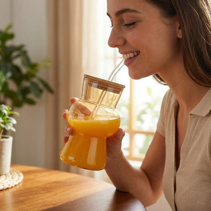 Glass Golden Cup With Wooden Lid and Straw