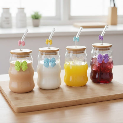 4PCs Glass Cup With Wooden Lid and Straw