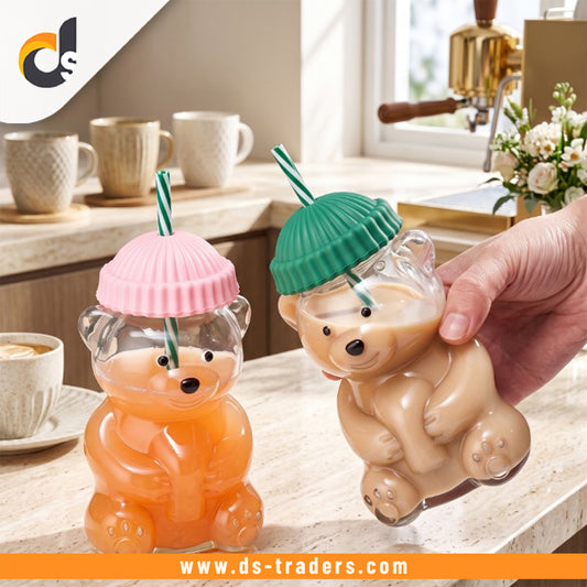 Cute Bear Glass Cup With Straw & Lid