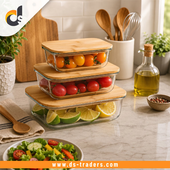 3PCs Glass Storage Containers With Wooden Lids