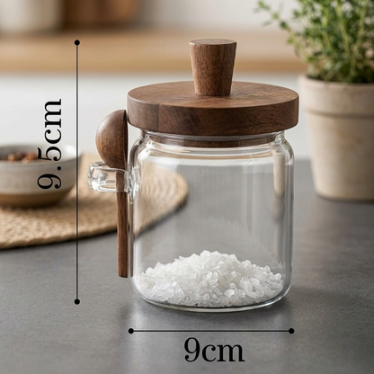 Elegant Glass Storage Jar With Wooden Lid & Spoon