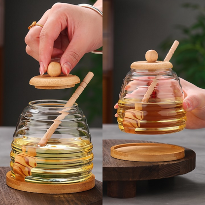 Glass Honey Jar With Wooden Lid & Dipper
