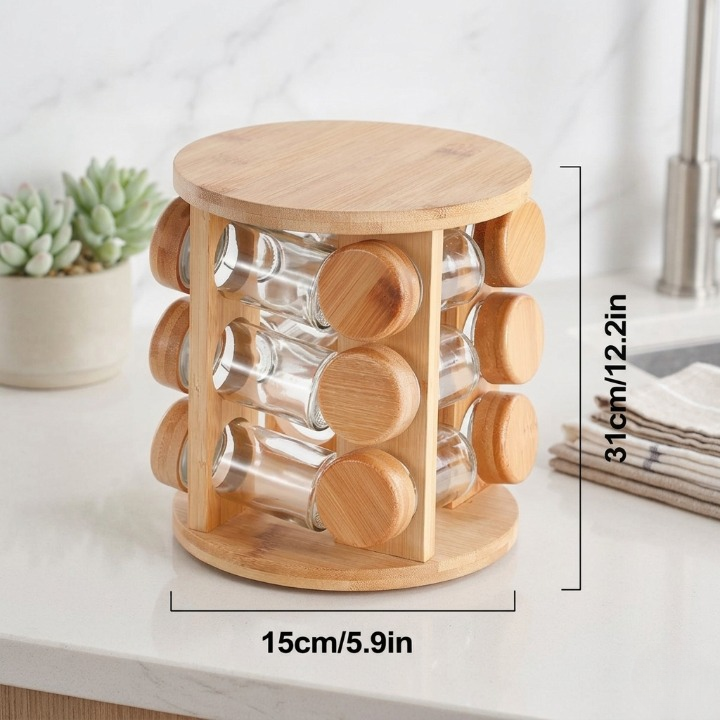 Wooden Rotating Spice Rack with 8 Glass Jars