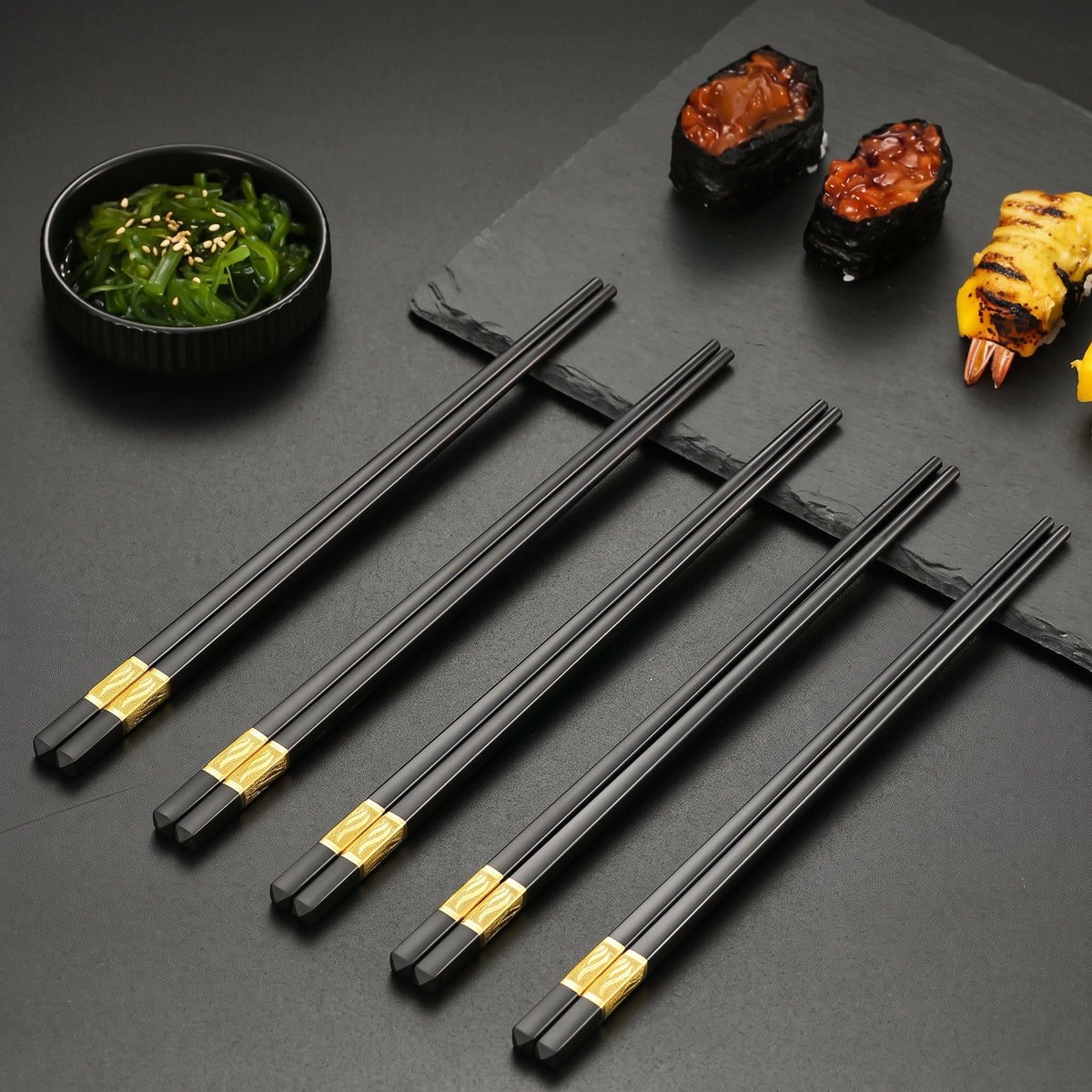 10PCs Black & Gold Reusable Non-Slip Chopsticks