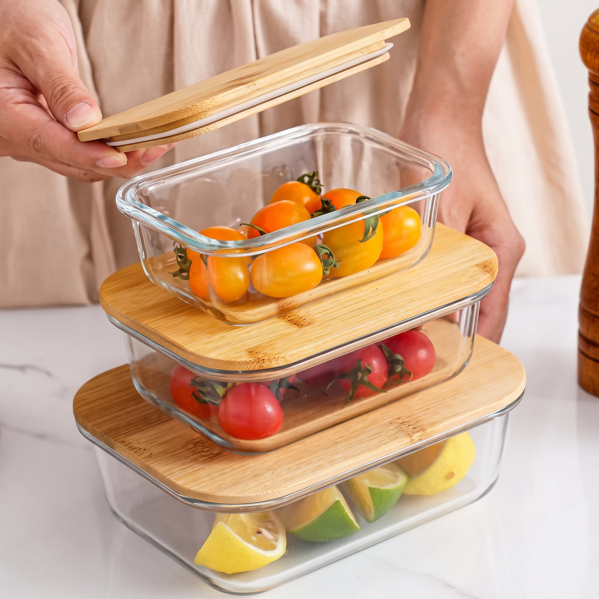 3PCs Glass Storage Containers With Wooden Lids