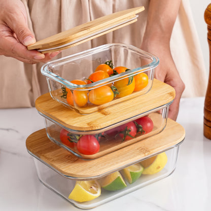 3PCs Glass Storage Containers With Wooden Lids