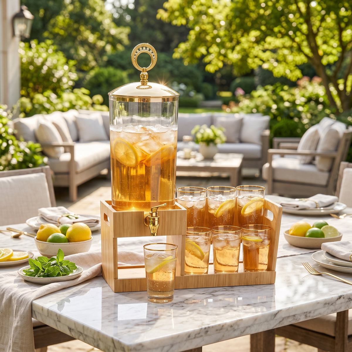 7PCs Glass Beverage Dispenser Set With Wooden Stand