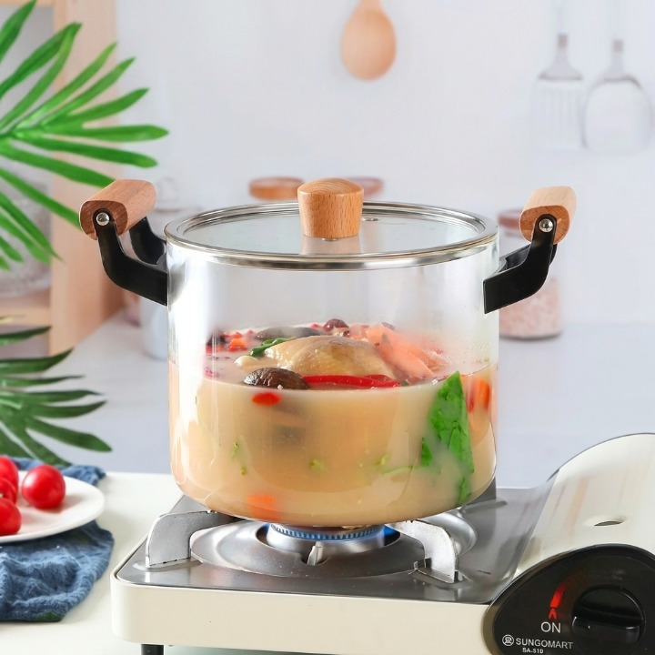 Transparent Glass Cooking Pot With Wooden Handle – 6.5L