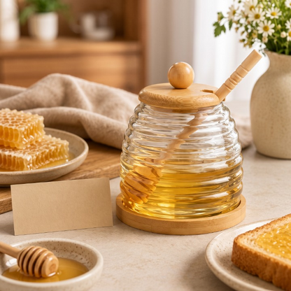 Glass Honey Jar With Wooden Lid & Dipper