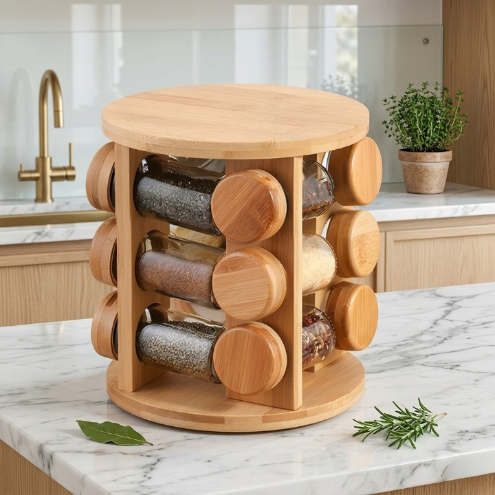 Wooden Rotating Spice Rack with 8 Glass Jars