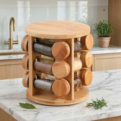 Wooden Rotating Spice Rack with 8 Glass Jars