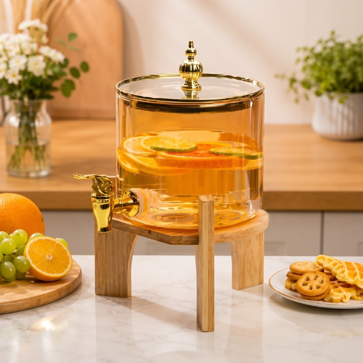 Premium Beverage Dispenser With Lid & Wooden Stand 2.6L