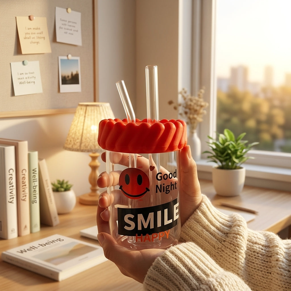 Smiley Face Glass Mug With Lid & Straws