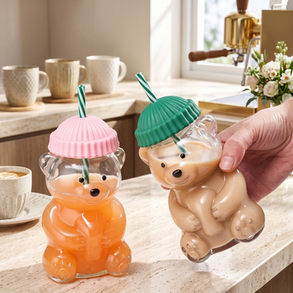Cute Bear Glass Cup With Straw & Lid