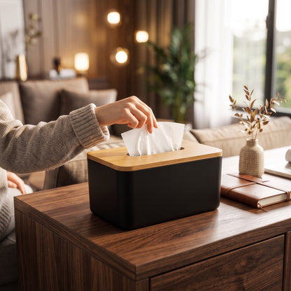 Elegant Tissue Storage Box With Wooden Lid