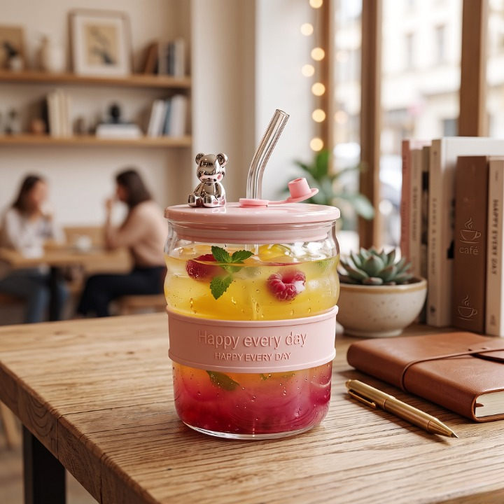 Elegant Teddy Glass Cup with Straw